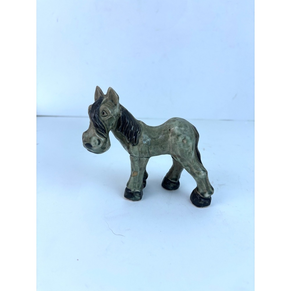 Vintage Japan Ceramic Donkey Figurine Gray Green Glazed Mule Burro 4"